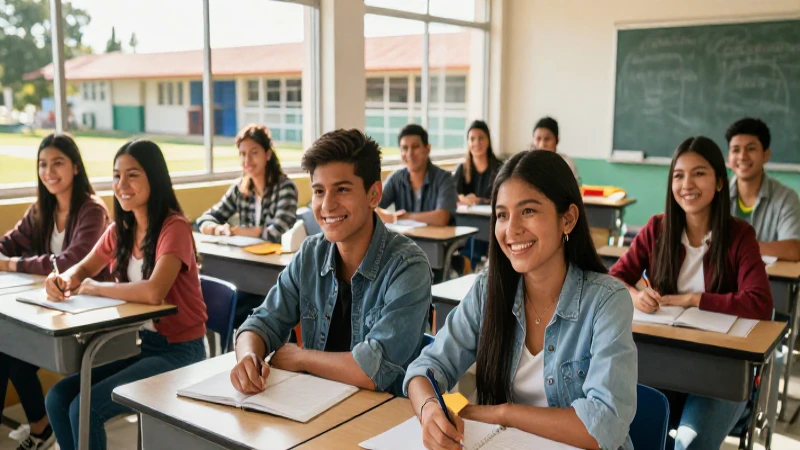 Estudiantes mexicanos sonrientes en clase moderna
