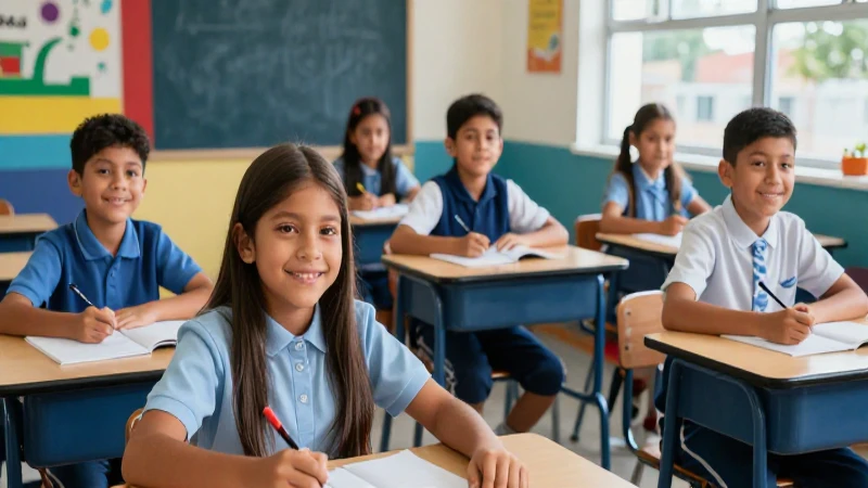 Estudiante mexicano sonríe en aula moderna y vibrante