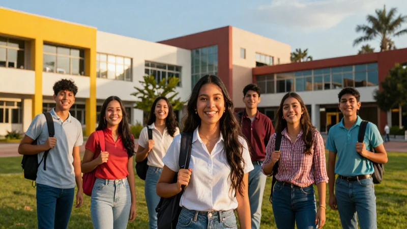 Estudiantes mexicanos felices en campus moderno