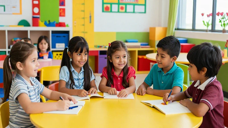 Niños mexicanos alegres en aula moderna y colorida