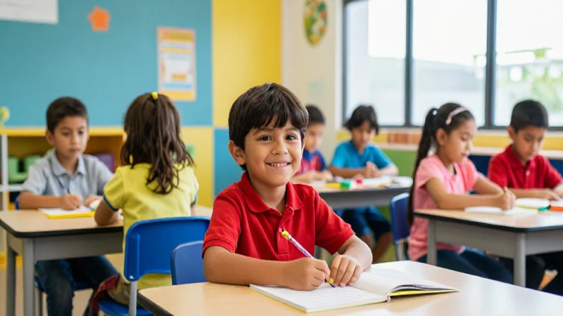 Niño mexicano sonriente en aula moderna y vibrante