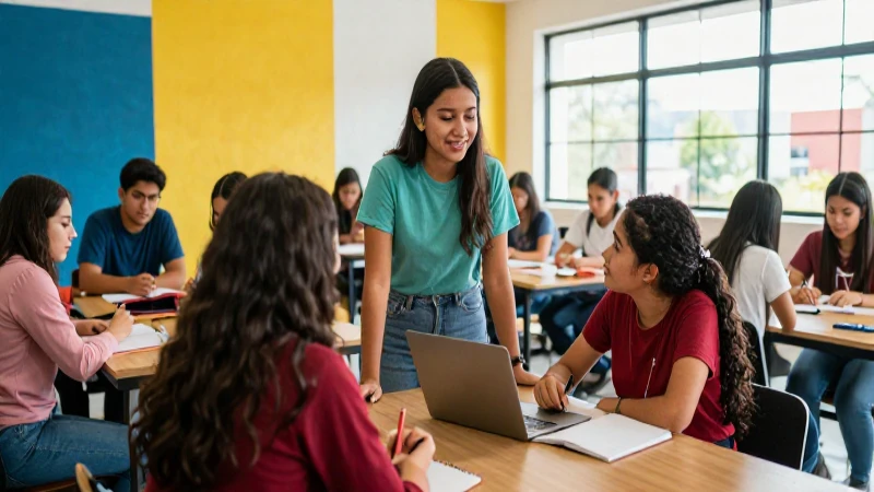 Estudiantes mexicanos colaboran en un espacio de aprendizaje moderno y vibrante