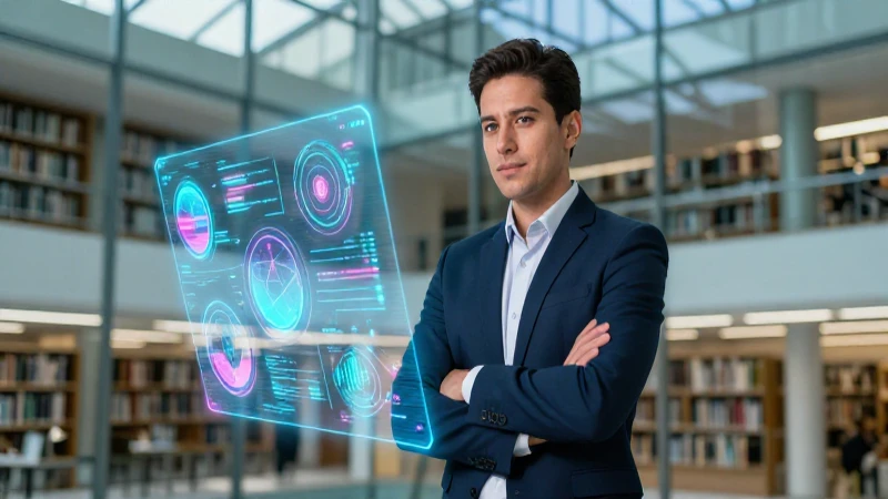 Ejecutivo mexicano en moderno entorno futurista