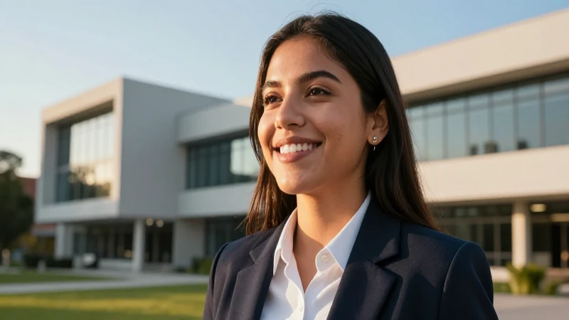 Estudiante sonriente en campus moderno al atardecer