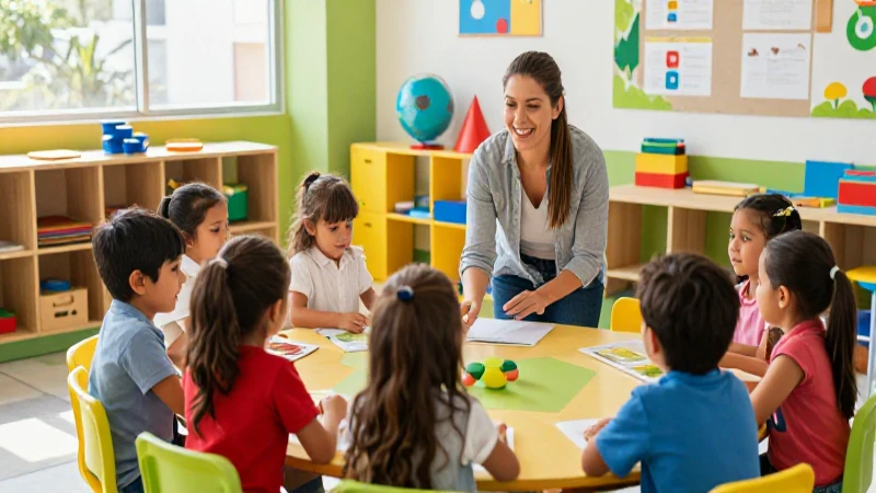 Maestra sonriente con niños alegres