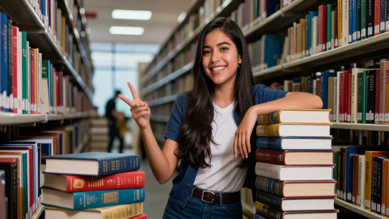 Estudiante mexicano en biblioteca, ambiente dinámico y vibrante
