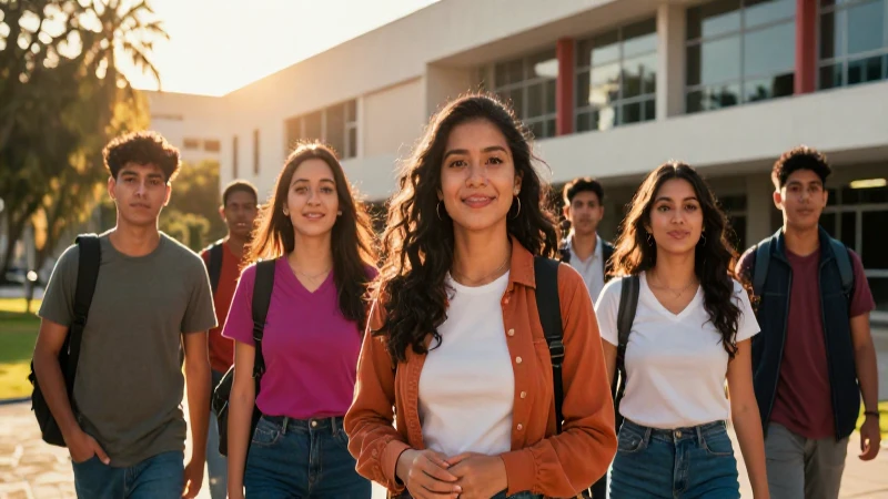 Jóvenes ambiciosos en campus moderno al atardecer