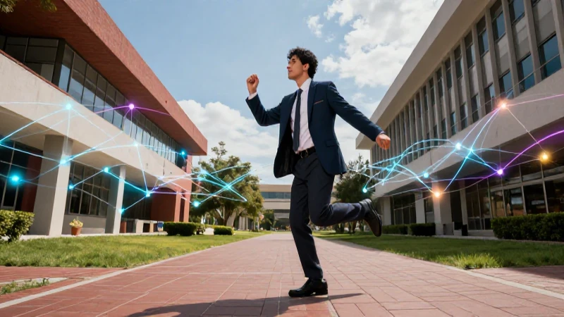 Joven graduado mexicano en un campus universitario vibrante