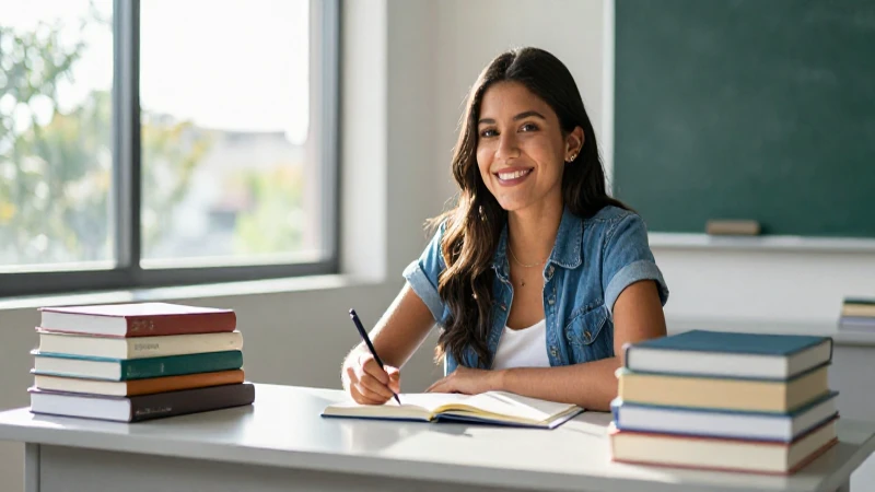 Estudiante mexicana sonríe en escritorio moderno con luz cinematográfica