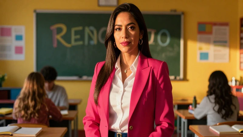 Maestra mexicana en aula vibrante y moderna