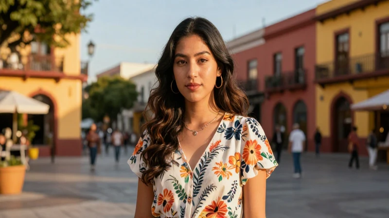 Mujer mexicana vibrante bajo luz dorada