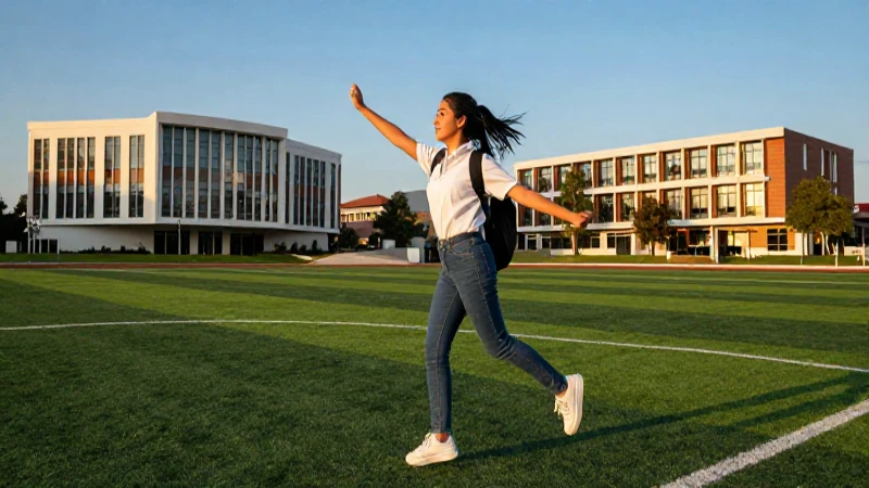 Estudiante dinámico en campus lujoso al atardecer