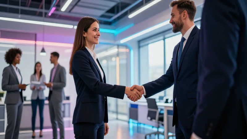 Profesionales saludando en oficina moderna