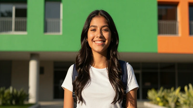 Joven mexicana sonríendo en campus moderno y brillante