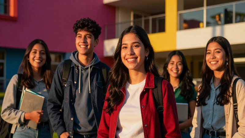 Estudiante mexicano sonríe en campus vibrante