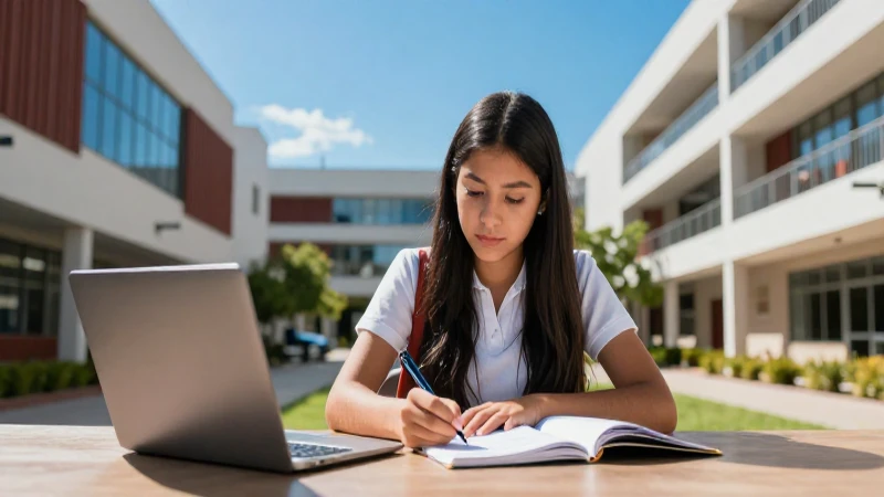 Estudiante mexicano estudiando en campus moderno