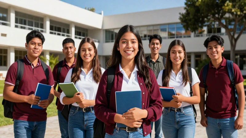 Estudiantes mexicanos sonriendo en campus moderno