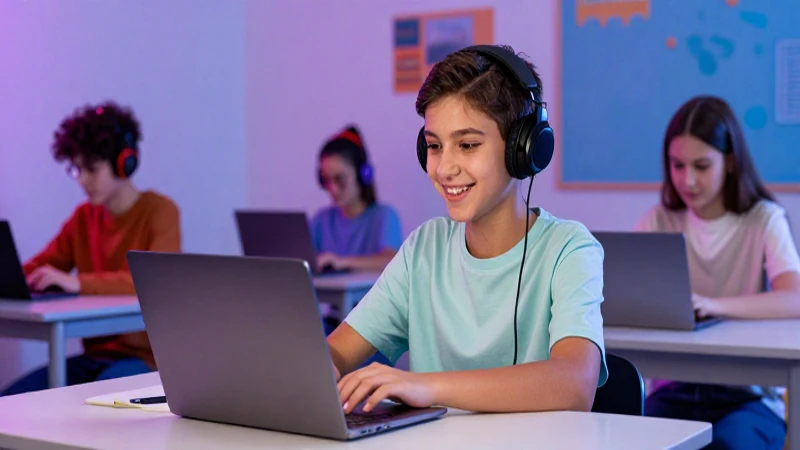 Estudiante alegre con tecnología en aula moderna