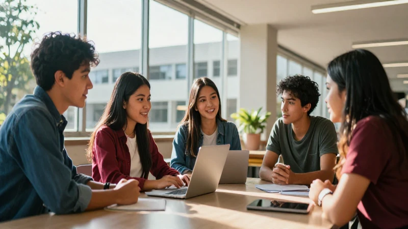 Estudiantes colaborando en campus universitario moderno