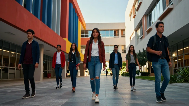 Estudiantes mexicanos en campus moderno, aspiracional