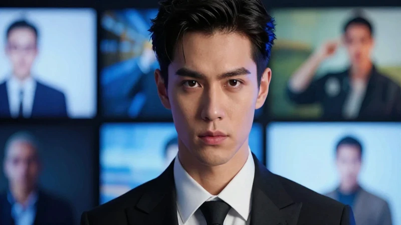 Joven guapo en traje, mirada intensa y luz dramática