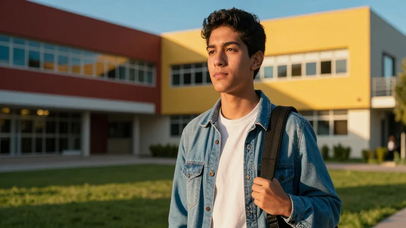 Estudiante mexicano en campus, luz dorada, enfoque