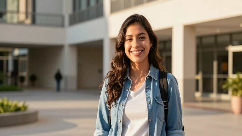 Joven mexicana sonriente en campus moderno