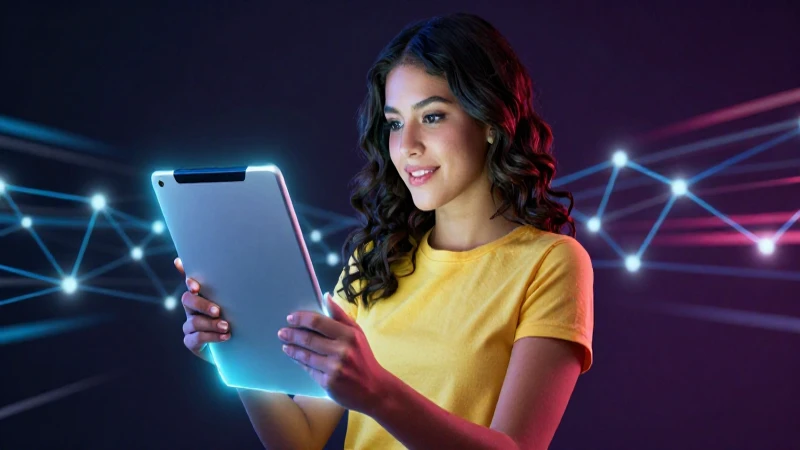 Joven mexicana con tablet futurista luminosa
