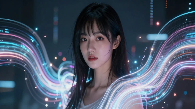 Retrato cyberpunk etéreo con flujos de datos holográficos