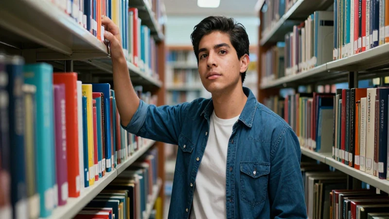 Joven mexicano aspiracional en biblioteca moderna