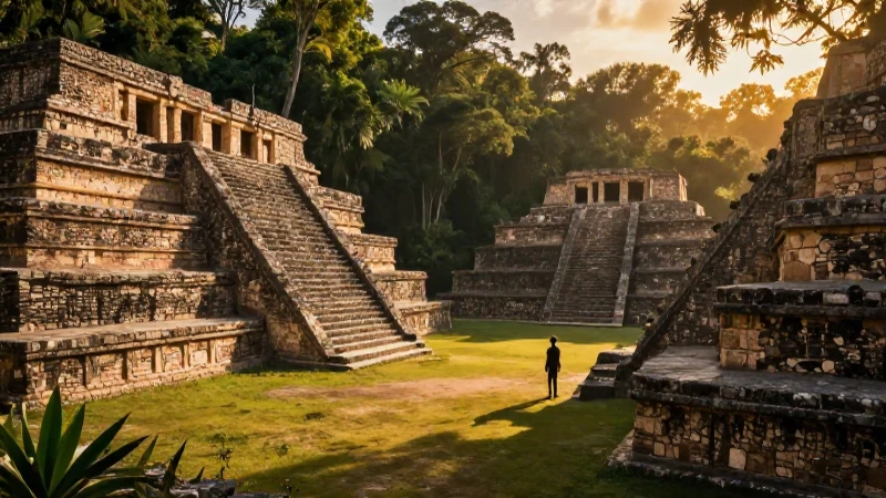 Ruinas mesoamericanas majestuosas con arqueólogo