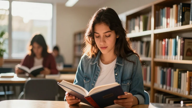 Estudiante mexicano lee en biblioteca moderna