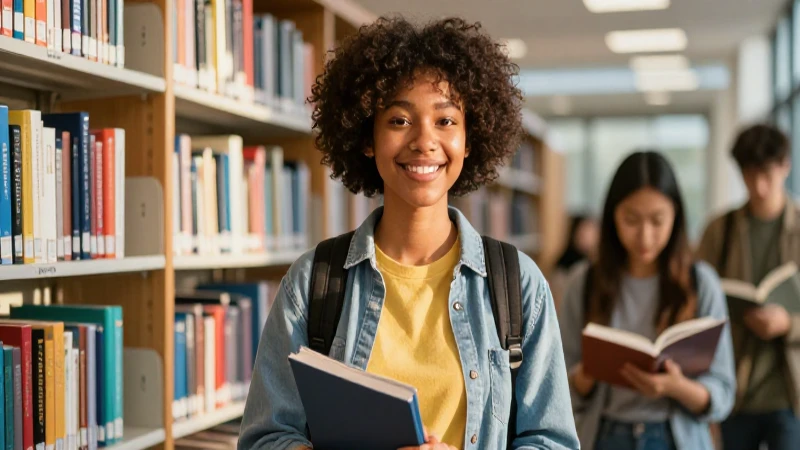Joven canadiense exitoso en biblioteca moderna