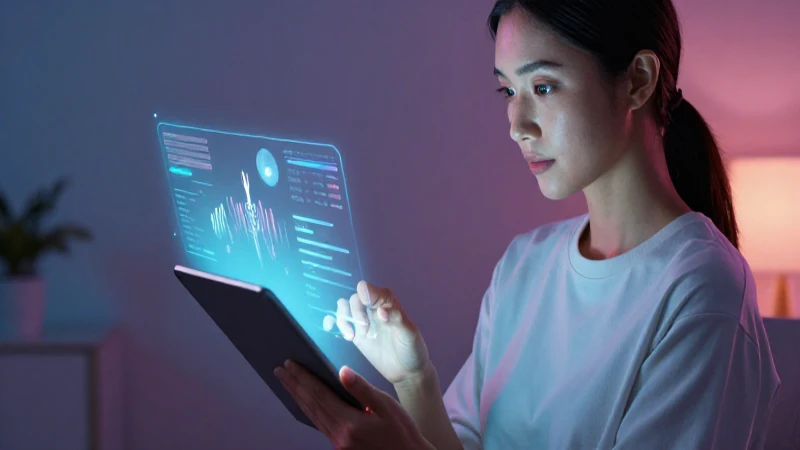 Retrato sereno con datos de bienestar holográficos