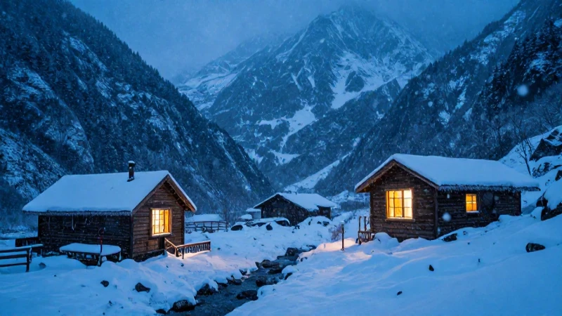 Valle invernal nevado, luz cálida y nieve dramática