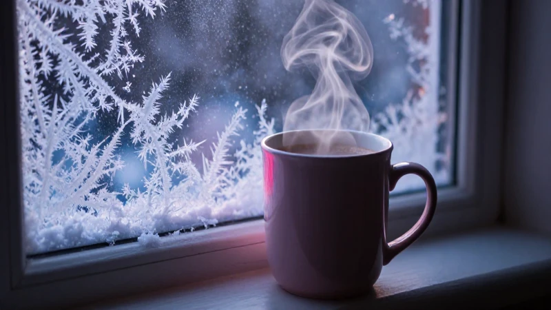 Escena invernal acogedora, café caliente y luz dramática