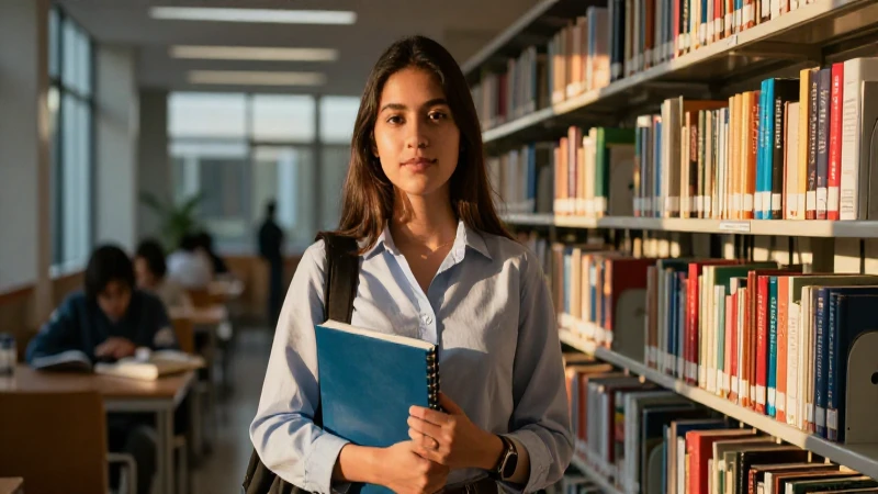Joven estudiante mexicana en una biblioteca moderna