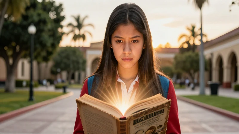 Estudiante mexicano, libro antiguo y luz dorada