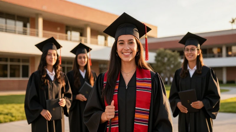 Graduación mexicana vibrante en campus moderno y dorado