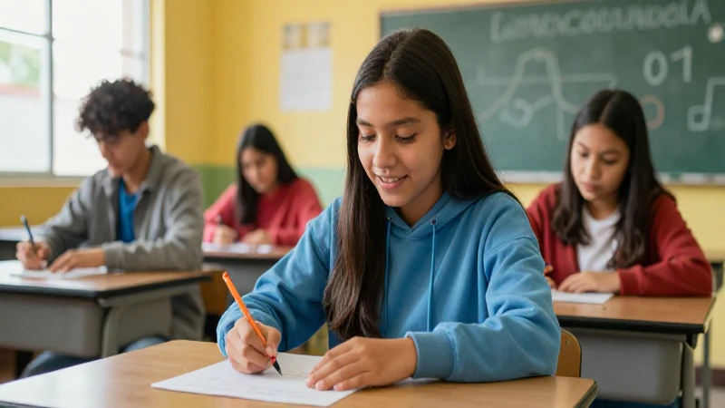 Estudiante mexicano colaborando en proyecto en clase