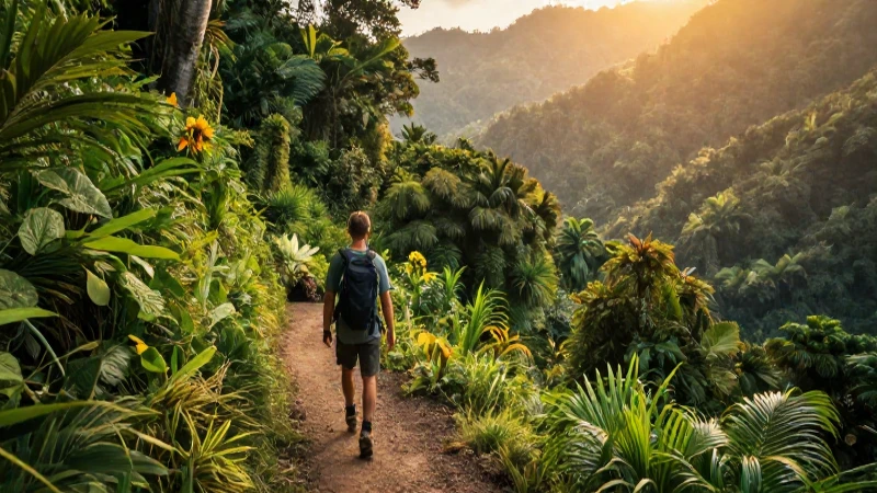 Senderismo épico en la naturaleza con luz dorada