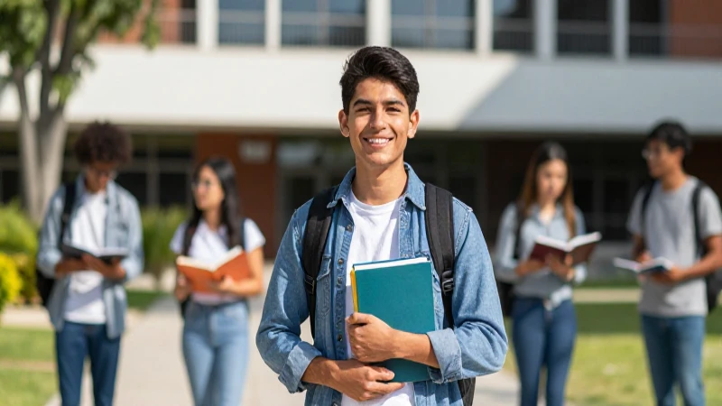 Joven estudiante sonríe, listo para el éxito académico