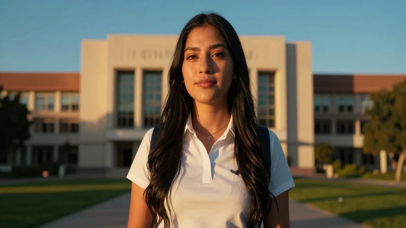 Estudiante mexicana en campus con luz dorada