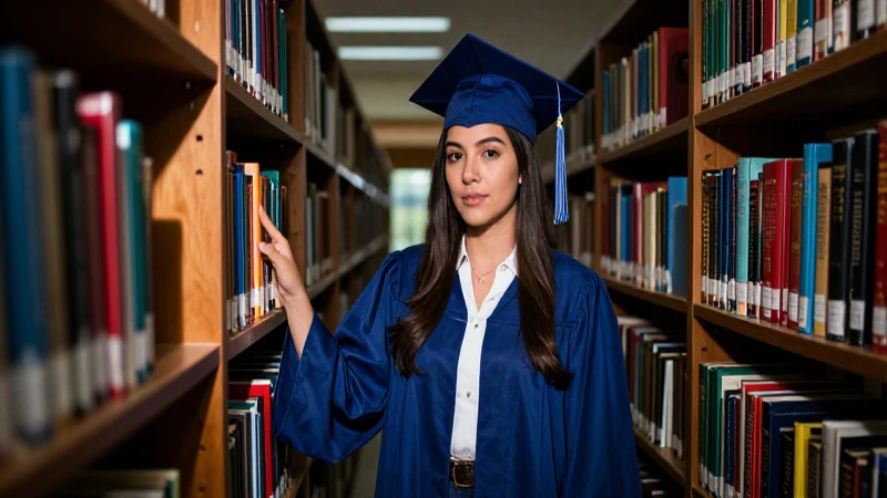 Radiante graduada mexicana en biblioteca