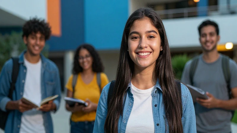 Joven mexicana sonríe en campus moderno