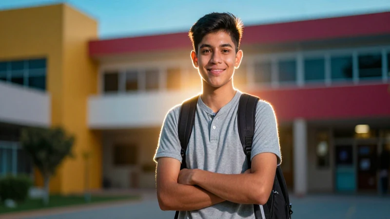 Joven mexicano con luz dramática en campus vibrante