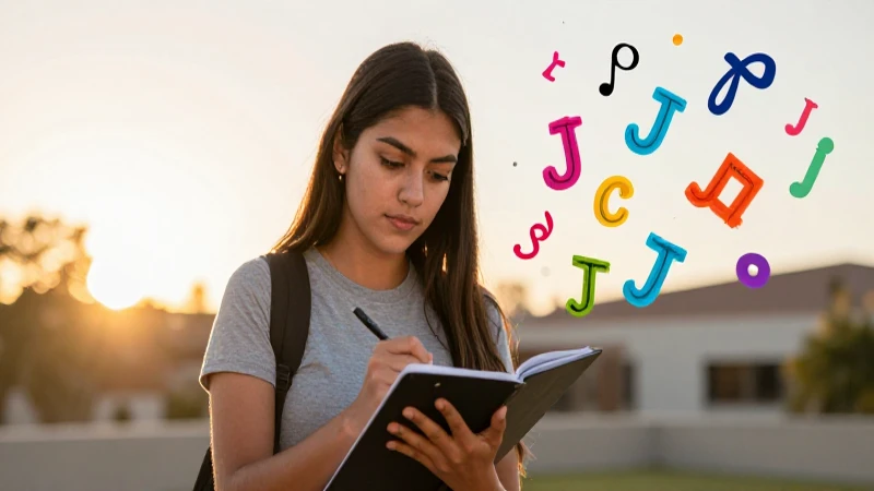 Estudiante hispano escribe con símbolos vibrantes