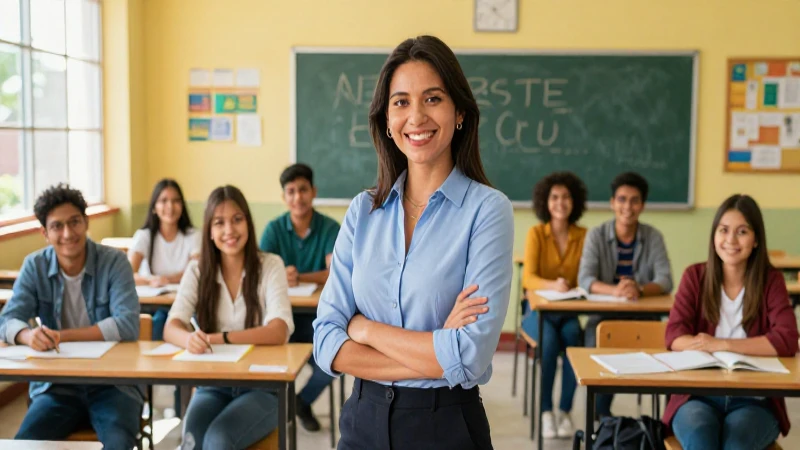 Profesora mexicana con alumnos en campus moderno
