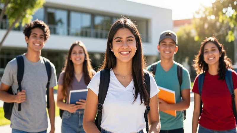 Estudiante sonríe en campus vibrante y moderno