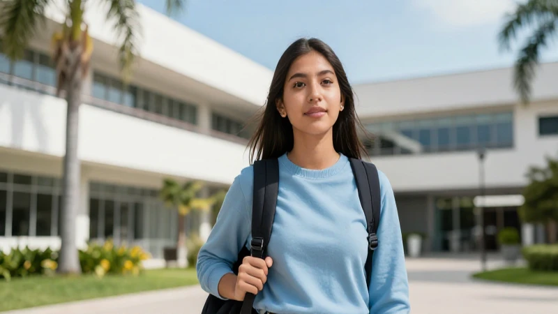 Estudiante universitario mexicano exitoso en campus moderno